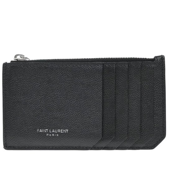 SAINT LAURENT Logo Compact Card Coin Case Wallet Leather Black Italy 60EF917 - Picture 1 of 13